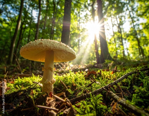AI Generated - A mushroom growing out of the moss covered forest floor with rays of shining 