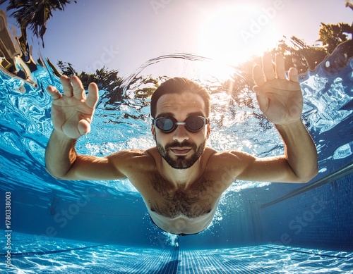 AI Generated - A underwater shot of a man with swimming googles in a pool
