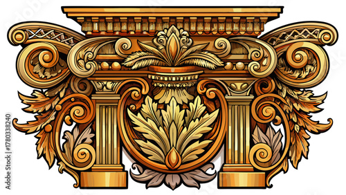 Very beautiful intricate Renaissance cornice fragment with detailed dentil molding, vintage architectural design with elegant carved lines and classical ornamental craftsmanship in a realistic engrave