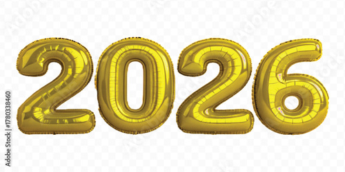 realistic 3d 2026 typography made by with different color foil balloons isolated on transparent background