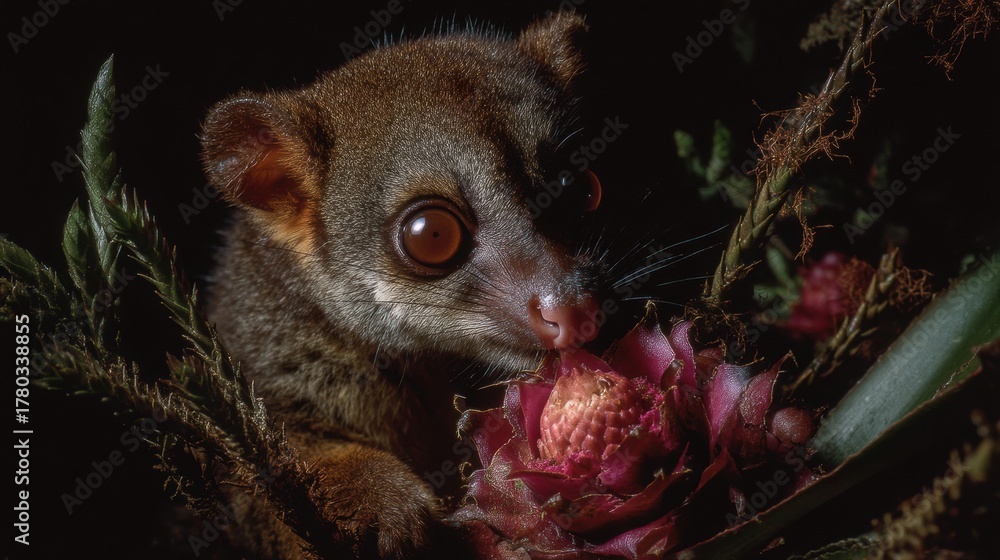 Obraz premium Nocturnal lemur exploring flower in tropical forest
