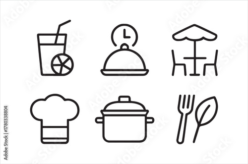 Simple black line icons depicting food cooking and dining concepts