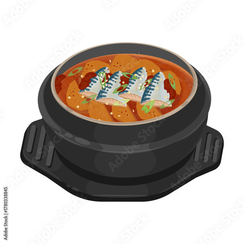 Vector Illustration Logo Clip art Kkongchi jorim or Braised Saury on a Ttukbaegi 