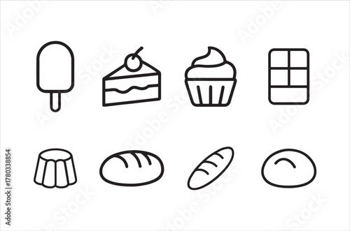 Simple line icons depicting various sweet desserts and bakery items