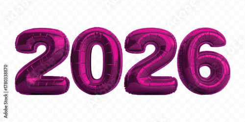 realistic 3d 2026 typography made by with different color foil balloons isolated on transparent background