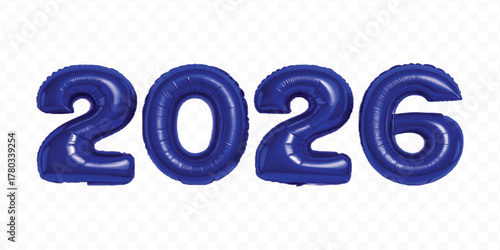 realistic 3d 2026 typography made by with different color foil balloons isolated on transparent background