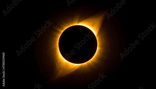 Glowing solar eclipse, corona bursts outward against the dark sky, creating a striking celestial phenomenon