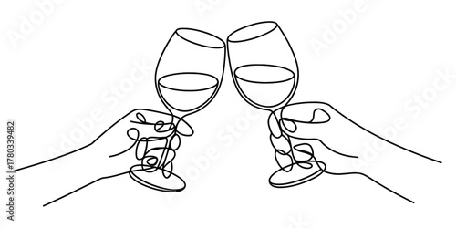 Line art of hands toasting wine glasses, minimalist celebration moment