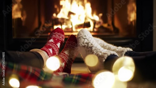 Low-angle video dollying in on two pairs of feet in festive socks by a roaring fireplace under a plaid blanket, golden lights bokeh. Cozy winter evening atmosphere