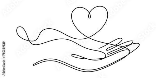 Minimalist continuous line drawing of a hand holding a heart.