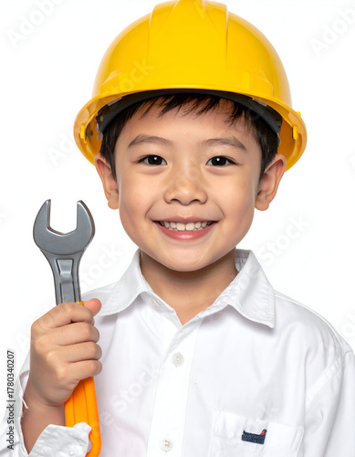 Young boy wearing construction worker outfit and yellow helmet, holding a toy wrench, bright smile, white background
