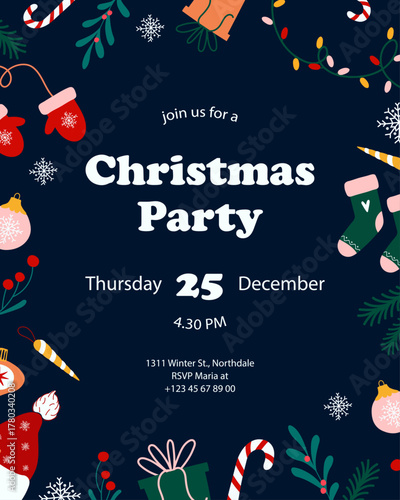 Christmas party invitation template. New Year illustration in flat doodle style. Celebration concept for banner, poster or card. Cute colorful composition on dark background