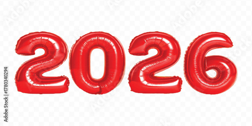 realistic 3d 2026 typography made by with different color foil balloons isolated on transparent background