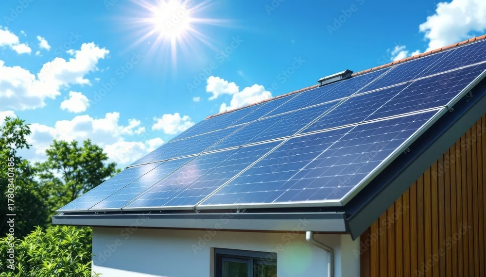 Naklejka premium Transform Your Roof into a Renewable Energy Source: Harnessing Solar Technology and Green Panels for a Sustainable Future with Abundant Sunlight