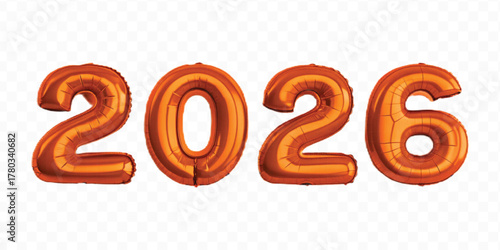 realistic 3d 2026 typography made by with different color foil balloons isolated on transparent background