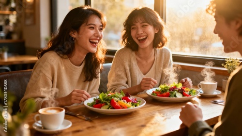 Sharing Joy and Laughter Over a Delightful Meal with Friends under the Sunlight at Our Favorite Cafe
