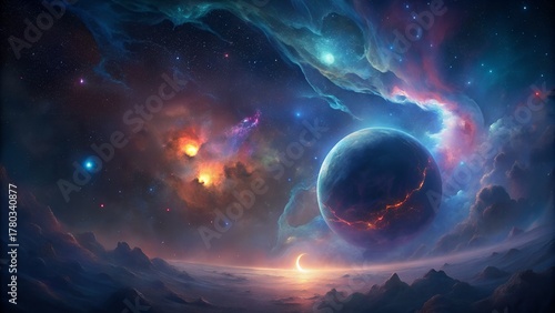 Earth planet in space with sun and stars glowing in the universe