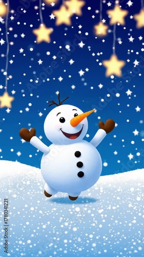 Happy snowman celebrating New Year and Christmas with joy in winter  
