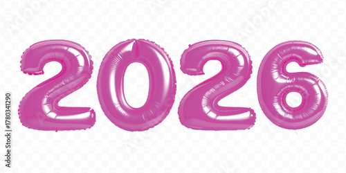 realistic 3d 2026 typography made by with different color foil balloons isolated on transparent background