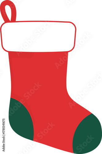 Red and green stocking with white trim for christmas dcor, holiday greeting cards, festive banners, winterthemed designs, and seasonal advertisements.