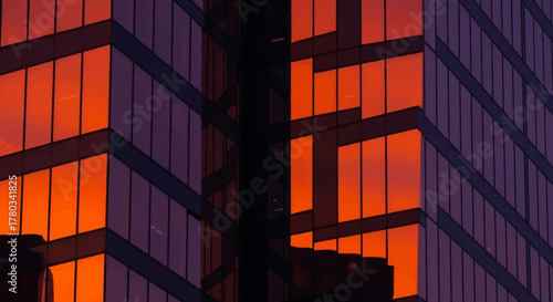Vibrant orange and purple sunset colors reflecting in the glass windows of a modern office building facade.