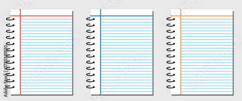 Notebook sheets lined and squared. Blank sheets of paper for notes. Empty mock up pages of copybook. Set of Blank and Lined Notebook Pages – Black and White Interior Vector 
