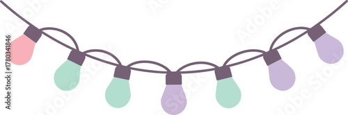 String of pastelcolored festive lights on a wire, suitable for holiday decorations, event invitations, greeting cards, and festivethemed designs.