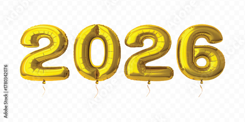 realistic 3d 2026 typography made by with different color foil balloons isolated on transparent background