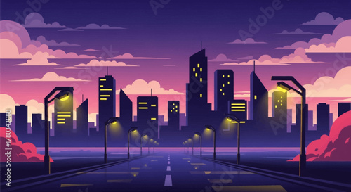 Stylized cityscape at dusk with a long road leading into a vibrant city skyline under a colorful gradient sky.