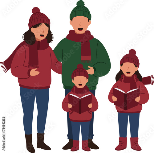 Family enjoying holiday spirit singing carols, bundled up in winter gear, sharing books. Ideal for christmasthemed designs and advertisements.