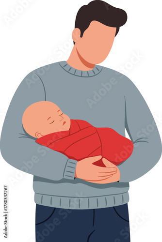 Father holding a swaddled baby in red cloth. Suitable for fathers day, parenting, family, love, newborn, and fatherhood concepts.