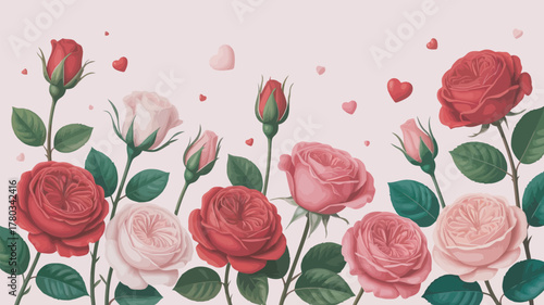 Elegant romantic background with delicate blooming roses and falling petals perfect for wedding invitations and floral designs