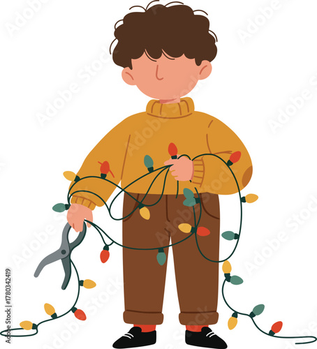 Boy struggling with tangled christmas lights and shears, perfect for holidaythemed designs, greeting cards, and festive social media posts.
