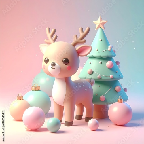 A 3D rendered image of a cute deer and Christmas tree ornaments