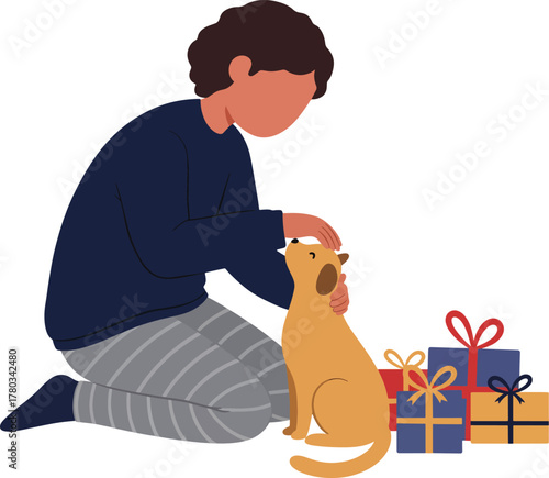 Faceless person petting a dog by colorful gifts. Suitable for holidaythemed designs, pet products ads, and lifestyle blog illustrations.