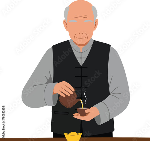 Elderly man pours tea into small cup carefully. Seniors, tea lovers, caregiver themes, relaxation, hospitality, elderly care, afternoon tea activities.