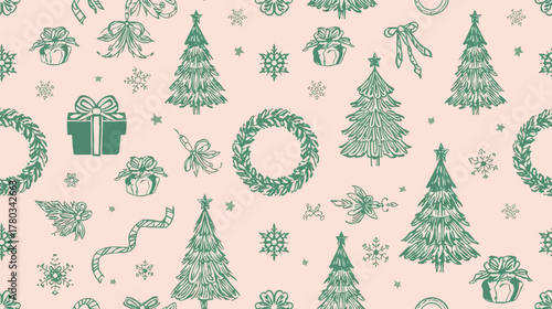 Festive Christmas-themed pattern featuring hand-drawn illustrations of trees, gifts, snowflakes, wreaths, and ribbons, perfect for holiday designs and backgrounds.