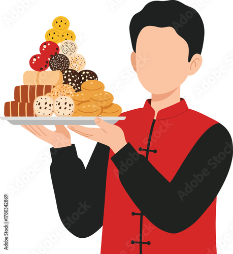 Perfect for bakery websites and social media posts. Shows a person holding a tray filled with delicious sweet desserts. Vibrant and tempting.