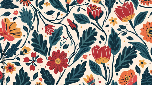 Vibrant floral pattern featuring stylized flowers and leaves in a repeating design, perfect for textiles, wallpaper, or surface decoration, creating a cheerful aesthetic.