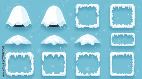Set of winter elements with snow caps and frames on a blue background, perfect for seasonal designs and festive projects.