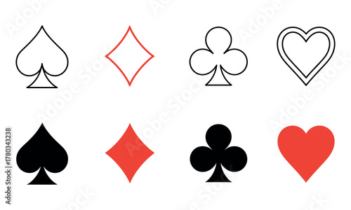 Playing Card Suits Symbols Hearts Diamonds Clubs Spades. Classic playing cards symbols set in red and black.