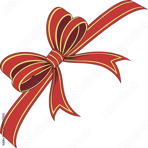 Red ribbon bow isolated without background, elegant glossy vector element for packaging, celebration, and festive decoration use.