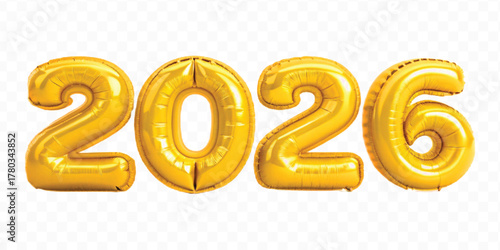realistic 3d 2026 typography made by with different color foil balloons isolated on transparent background