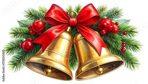 Festive illustration showing golden bells, red bow, and ornaments