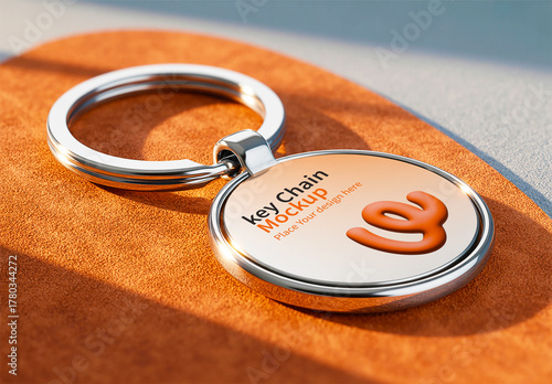 Metal Keychain Mockup on Orange Suede or Leather Surface