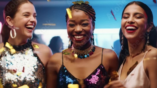 Dynamic mcu video of diverse young women in shimmering party wear, laughing, dancing exuberantly as metallic confetti falls in a high-energy nightclub with soft bokeh background. Pure festive energy