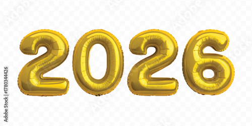 realistic 3d 2026 typography made by with different color foil balloons isolated on transparent background