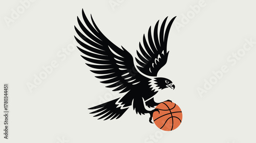 Dynamic eagle mascot clutching basketball with powerful wings spread, perfect for sports teams, logo designs, and branding projects needing a strong emblem