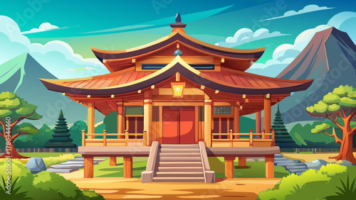 Very beautiful local rural Japanese wooden temple with traditional architecture, featuring natural timber beams, curved rooflines, and serene countryside surroundings in a realistic peaceful scene.