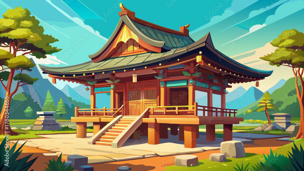 Naklejka premium Very beautiful local rural Japanese wooden temple with traditional architecture, featuring natural timber beams, curved rooflines, and serene countryside surroundings in a realistic peaceful scene.